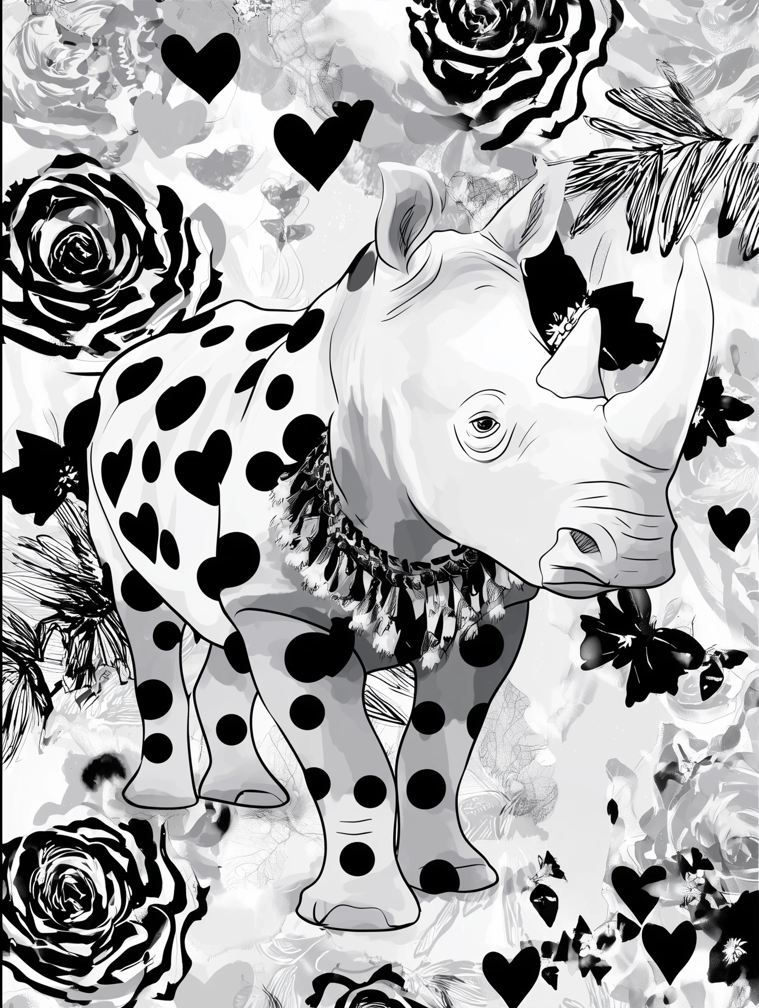 Free printable rhino coloring pages for adults featuring dots on white rhino coloring page